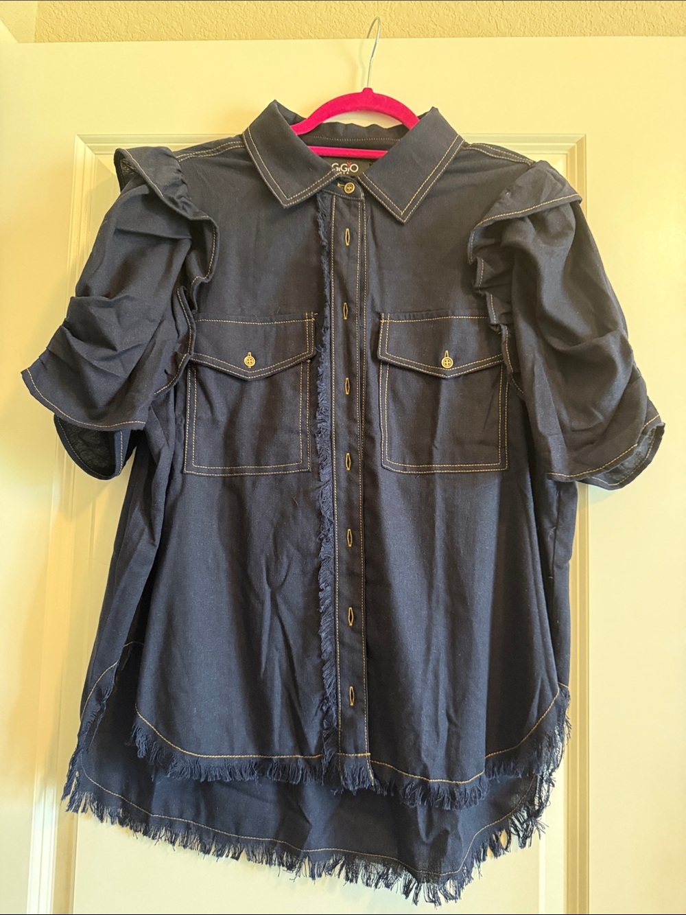 Women's Dark Navy Ruffle-Sleeve Button Front Blouse